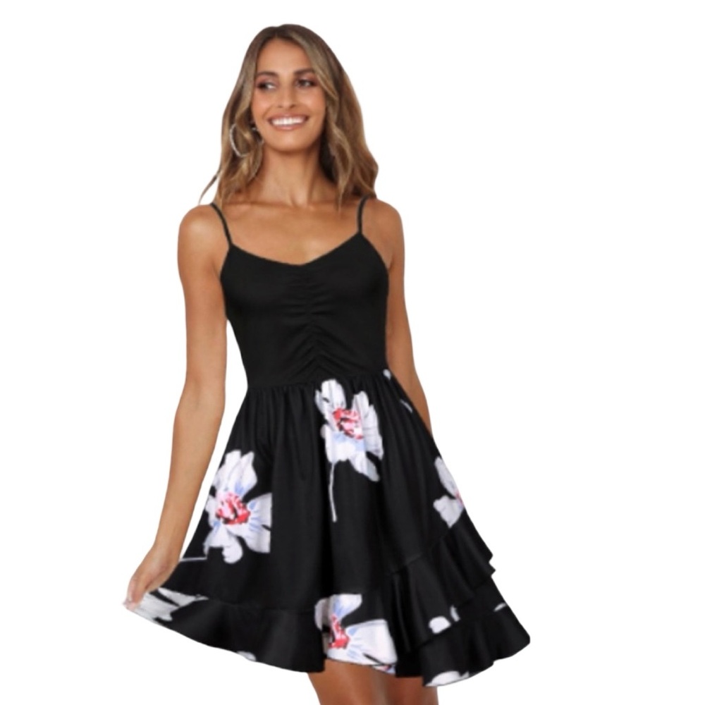 NWT Summer Dress Black w/white & pink Floral Pattern Spaghetti Straps Size M/L